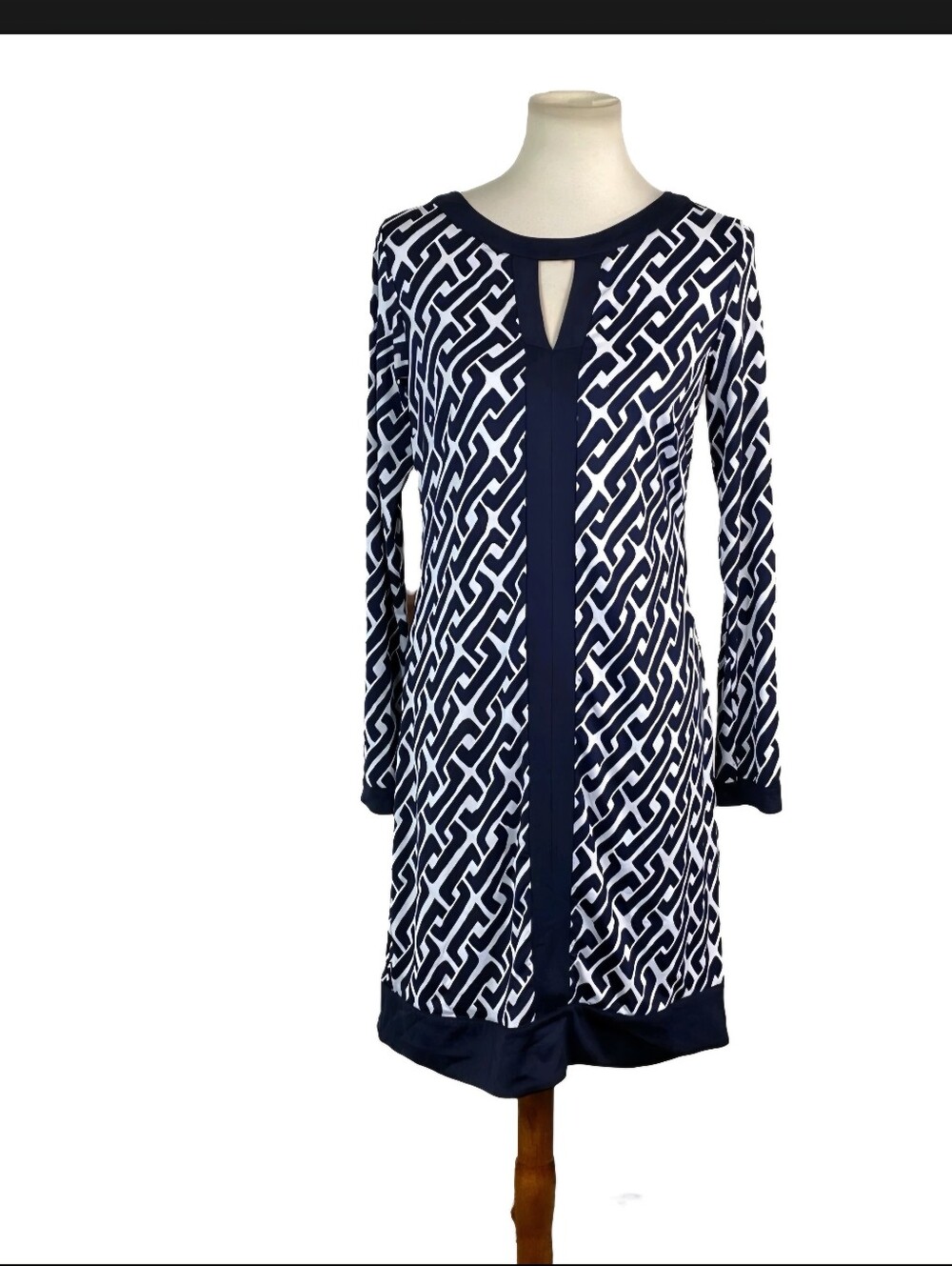 INC International Concepts Navy and White Geometric Shift Dress